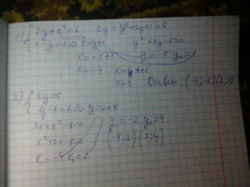 Чего-то я туплю..хелп) решите систему уравнений: 1){2y+x^2=6 {x-y=1 2){xy=8 {y-x=2 ).