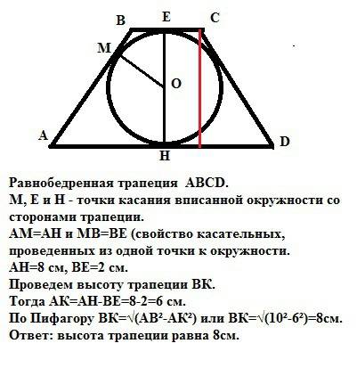 Коло вписане в рівнобічну трапецію, ділить точкою дотику бічну сторону на відрізки завдовжки 2см і 8