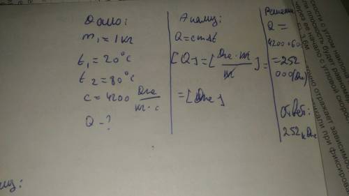 Воду массой 1 кг нагрели от температуры t1=20 градусов до температуры t2=80 градусов. определите кол