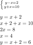 \left \{ {{y-x=2} \atop {y+x=10}} \right. \\\\&#10;y = x+2\\&#10;x+2+x = 10\\&#10;2x = 8\\&#10;x=4\\&#10;y = x+2 = 6