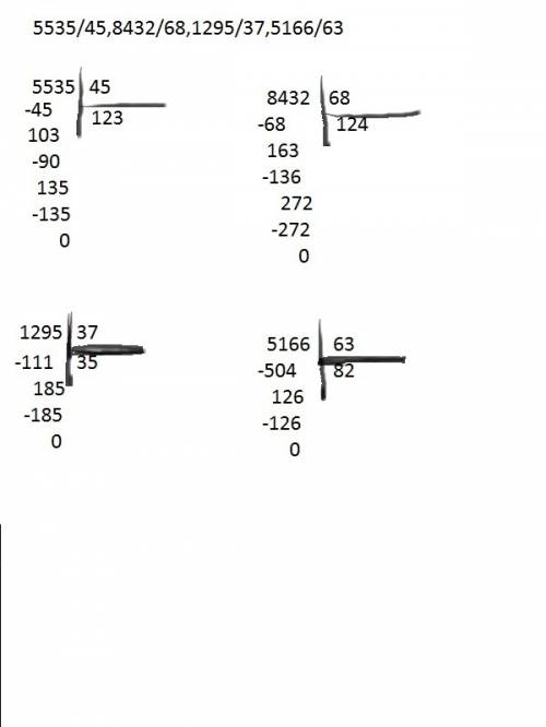 Деление в столбик уголком 5535/45,8432/68,1295/37,5166/63