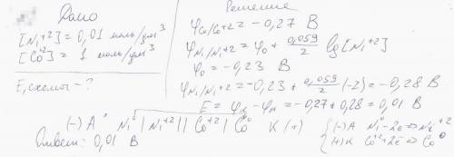 Вычислить эдс следующей гальванической цепи: ni | ni²⁺ = 0,01 моль/дм³ || co²⁺ = 1 моль/дм³ | co ука