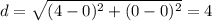 d=\sqrt{(4-0)^2+(0-0)^2}=4