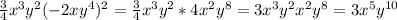 \frac{3}{4} x^3y^2(-2xy^4)^2= \frac{3}{4} x^3y^2*4x^2y^8= 3 x^3y^2x^2y^8=3x^5y ^{10}