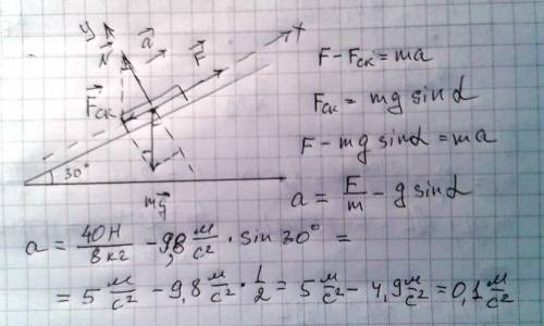 10. силу 40 н, переміщують ящик масою 8 кг вгору по похилій площині з кутом нахилу 300. з яким приск