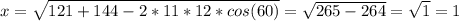 x= \sqrt{121+144-2*11*12*cos(60)} = \sqrt{265-264} = \sqrt{1}=1