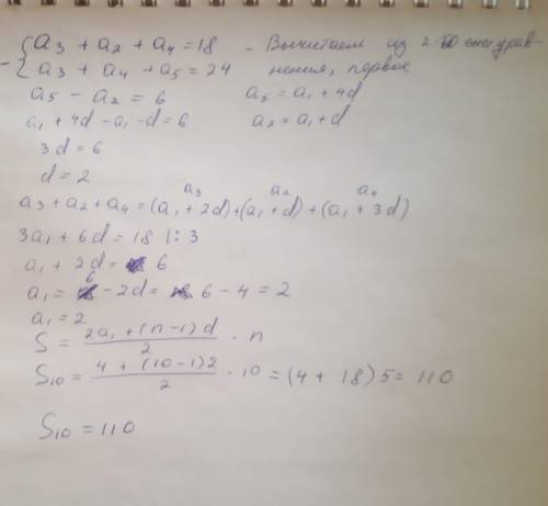 Варифметической прогрессии известно а3+а2+а4=18 и а3+а4+а5=24 найдите сумму первых 10 членов этой пр