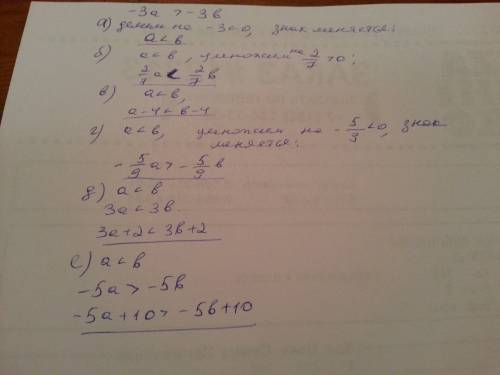 Дано: -3a> -3b. порівняйте значення виразів: а) а і b б)2/7a і 2/7b в)b-4 і а-4 г)-5/9b і -5/9a д