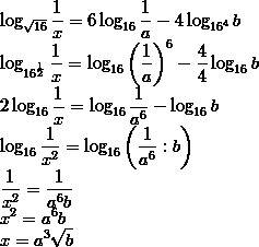 Найти значение x log по основанию √16*(1/х)=6log по основанию 16*(1/а)-4log по основанию 16^4*b