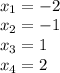 \\ &#10;x_1=-2 \\ &#10;x_2 =-1 \\ &#10;x_3=1 \\ &#10;x_4=2