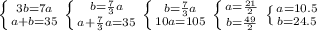 \left \{ {{3b=7a} \atop {a+b=35}} \right. \left \{ {{b=\frac{7}{3} a} \atop {a+\frac{7}{3} a=35}} \right. \left \{ {{b=\frac{7}{3}a } \atop {10a=105}} \right. \left \{ {{a=\frac{21}{2} } \atop {b=\frac{49}{2} }} \right. \left \{ {{a=10.5} \atop {b=24.5}} \right.