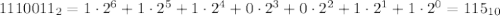 1110011_{2} = 1\cdot2^6 + 1\cdot2^5 + 1\cdot2^4 + 0\cdot2^3 + 0\cdot2^2 + 1\cdot2^1 + 1\cdot2^0 = 115_{10}