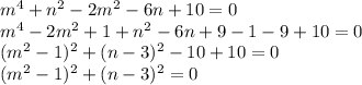 m^4 + n^2 - 2m^2 - 6n + 10 = 0 \\ &#10;m^4 - 2m^2+1+n^2-6n+9-1-9+10=0 \\ &#10;(m^2-1)^2+(n-3)^2-10+10=0 \\ &#10;(m^2-1)^2+(n-3)^2=0