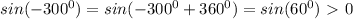 sin(-300^0)=sin(-300^0+360^0)=sin(60^0)\ \textgreater \ 0