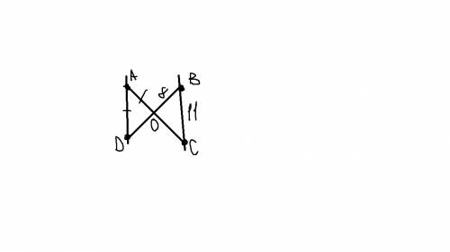 Равные отрезки ac и bd пересекаются в точке о так что ao равен ad если ob=8 cm bc= 11cm сделайте рис