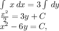 \int\ {x} \, dx =3\int\,dy\\ \frac{x^2}{2} =3y+C\\x^2-6y=C,