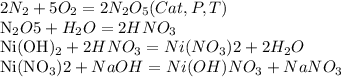 2N_{2}+5O_{2}=2N_{2}O_{5} (Cat, P,T)&#10;&#10;N_{2}O{5}+H_{2}O=2HNO_{3}&#10;&#10;Ni(OH)_{2}+2HNO_{3}=Ni(NO_{3})2 + 2H_{2}O&#10;&#10;Ni(NO_{3})2+NaOH=Ni(OH)NO_{3}+NaNO_{3}