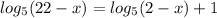 log_5 (22-x)= log_5 (2-x)+1