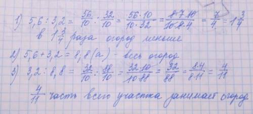 Отведённый участок земли распределили между садом и огородом .сад занемает 5.6 а огорода 3.2 а. во с