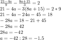 \frac{21-4a}{9}- \frac{8a+15}{3}=2 \\ 21-4a-3(8a+15)=2*9 \\ 21-4a -24a-45=18 \\ -28a=18-21+45 \\ -28a= 42 \\ 28a=-42 \\ a=-42:28=-1.5