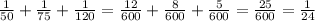 \frac{1}{50}+\frac{1}{75}+\frac{1}{120}=\frac{12}{600}+\frac{8}{600}+\frac{5}{600}=\frac{25}{600}=\frac{1}{24}