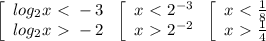 \left[\begin{array}{ccc}log_2x\ \textless \ -3\\log_2x\ \textgreater \ -2\end{array}\right\left[\begin{array}{ccc}x\ \textless \ 2^{-3}\\x\ \textgreater \ 2^{-2}\end{array}\right\left[\begin{array}{ccc}x\ \textless \ \frac{1}{8}\\x\ \textgreater \ \frac{1}{4}\end{array}\right