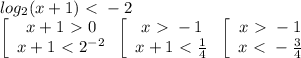 log_2(x+1)\ \textless \ -2\\\left[\begin{array}{ccc}x+1\ \textgreater \ 0\\x+1\ \textless \ 2^{-2}\end{array}\right\left[\begin{array}{ccc}x\ \textgreater \ -1\\x+1\ \textless \ \frac{1}{4}\end{array}\right\left[\begin{array}{ccc}x\ \textgreater \ -1\\x\ \textless \ -\frac{3}{4}\end{array}\right