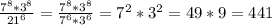 \frac{7^8*3^8}{21^6} = \frac{7^8*3^8}{7^6*3^6} =7^2*3^2=49*9=441