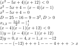 (x^2-5x+4)(x+12)\ \textless \ 0\\x^2-5x+4=(x-4)(x-1)\\x^2-5x+4=0\\D=25-16=9=3^2, D\ \textgreater \ 0\\x_{1,2}= \frac{5б3}{2} = |{ {{4} \atop {1}} \right. \\(x-4)(x-1)(x+12)\ \textless \ 0\\1)y=(x-4)(x-1)(x+12)\\2)y=0,x=4,x=1,x=-12\\---(-12)+++1---4+++\ \textgreater \ x