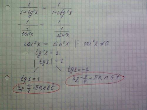 1/(1+tg^2(x))= 1/(1+ctg^2(x)) решить, )