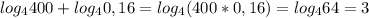 log_{4}400+log_{4}0,16 =log_{4}(400*0,16)=log_{4}64=3