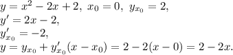 y= x^{2} -2x+2, \ x_0=0, \ y_{x_0}=2, \\ y'=2x-2, \\ y'_{x_0}=-2, \\ y=y_{x_0}+y'_{x_0}(x-x_0)=2-2(x-0)=2-2x.&#10;