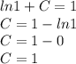 ln1+C=1 \\ C=1-ln1 \\ C=1-0 \\ C=1 \\