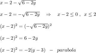 x=2-\sqrt{6-2y}\\\\x-2=-\sqrt{6-2y}\quad \Rightarrow \quad x-2 \leq 0\; ,\; \; x \leq 2\\\\(x-2)^2=(-\sqrt{6-2y})^2\\\\(x-2)^2=6-2y\\\\(x-2)^2=-2(y-3)\; \; -\; \; parabola