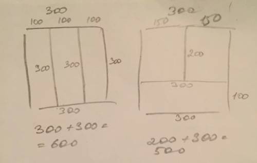 Три поросенка делят квадратный участок земли со стороной 300 на три прямоугольные части равной площа