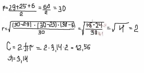 Стороны треугольника = 29см,25см и 6см. вычислите длину окружности, вписанной в треугольник. нужен п