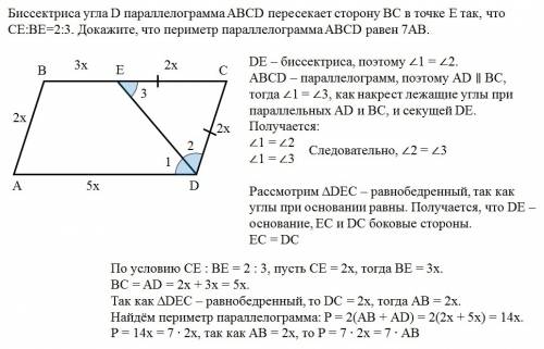 Биссектриса угла d параллелограмма abcd пересекает сторону bc в точке e так, что ce: be=2: 3. докажи