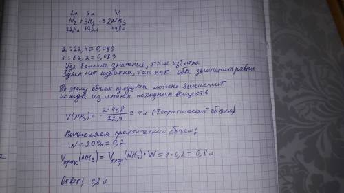 2л азота и 6 л водорода,если объемная доля выхода составляет 20%, сколько образуется аммиака(л)? объ