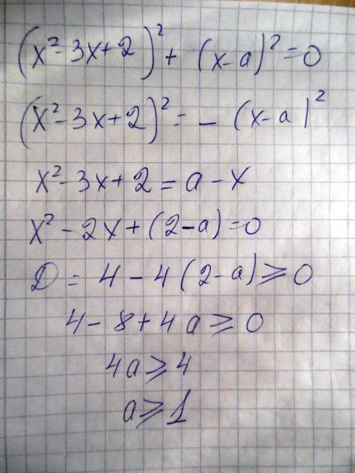 Существуют ли такие значения параметра а,при которых уравнение (x^2-3x+2)^2+(x-a)^2=0 имеет хотя бы