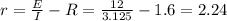 r= \frac{E}{I}-R= \frac{12}{3.125}-1.6=2.24