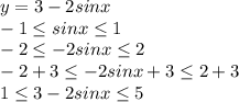 y=3-2sinx \\ -1 \leq sinx \leq 1 \\ -2 \leq -2sinx \leq 2 \\ -2+3 \leq-2 sinx+3 \leq 2+3 \\ 1 \leq 3-2sinx \leq 5