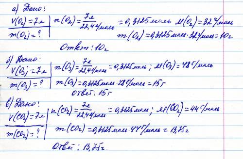 Рассчитайте массу 7 литров (н.у) а)кислорода б)озона в)углекислого газа