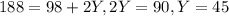 188=98+2Y, 2Y=90, Y=45