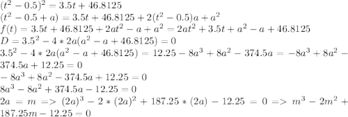 (t^2-0.5)^2 = 3.5t + 46.8125\\(t^2 - 0.5 + a) = 3.5t + 46.8125 + 2(t^2-0.5)a + a^2\\f(t) = 3.5t + 46.8125 + 2at^2 - a + a^2 = 2at^2 + 3.5t + a^2 - a + 46.8125\\D = 3.5^2 - 4 * 2a (a^2-a+46.8125) = 0\\3.5^2 - 4 * 2a (a^2-a+46.8125) = 12.25 - 8a^3 + 8a^2 - 374.5a = -8a^3 + 8a^2 - 374.5a + 12.25 = 0\\-8a^3 + 8a^2 - 374.5a + 12.25 = 0\\8a^3 - 8a^2 + 374.5a - 12.25=0\\2a = m = (2a)^3 - 2 * (2a)^2 + 187.25 * (2a) - 12.25 = 0 = m^3 - 2m^2 + 187.25m - 12.25 = 0\\