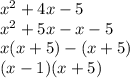 x^2+4x-5 \\&#10;x^2+5x-x-5\\&#10;x(x+5)-(x+5) \\&#10;(x-1)(x+5)