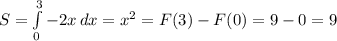 S= \int\limits^3_0 {-2x} \, dx = x^2=F(3)-F(0)= 9-0= 9