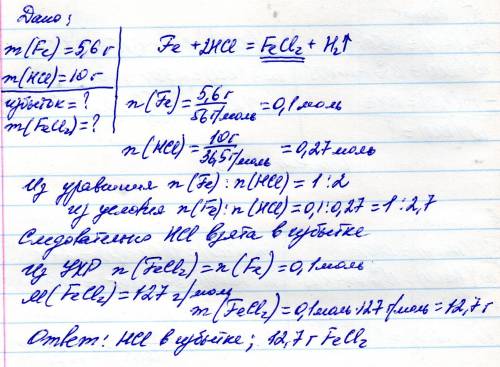 При взаимодействии 5.6 г железа и 10 г соляной кислоты образовалась соль fecl2. какое вещество было