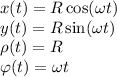 x(t) = R\cos(\omega t)\\&#10;y(t) = R\sin(\omega t)\\&#10;\rho(t) = R\\&#10;\varphi(t) = \omega t