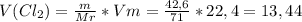 V( Cl_{2})= \frac{m}{Mr} *Vm= \frac{42,6}{71} *22,4=13,44