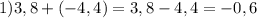 1)3,8+(-4,4)=3,8-4,4=-0,6